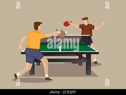 Due giocatori che giocano a ping pong con ping pong e ping pong. Illustrazione vettoriale del gioco da ping-pong visto da un'estremità del tavolo Illustrazione Vettoriale