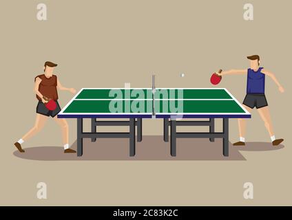 Illustrazione vettoriale di due giocatori che giocano a ping pong a tavola verde in vista laterale isolato su sfondo neutro. Illustrazione Vettoriale