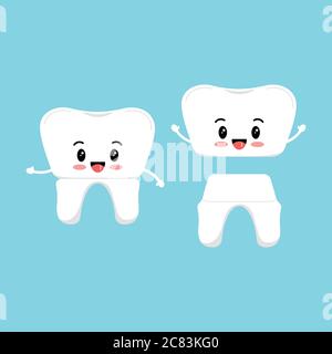 Cute dente con corona dentale emoji icona set isolato su sfondo. Illustrazione Vettoriale