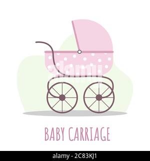 Icona del carrello del bambino. PRAM rosa su sfondo bianco. Illustrazioni vettoriali in stile piatto. Illustrazione Vettoriale