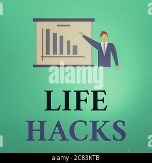 Scrittura concettuale a mano che mostra Life Hacks. Concetto che significa strategia o tecnica adottata per gestire le attività in modo efficiente Man in Business Suit Pointi Foto Stock