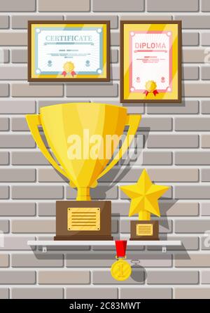 Collezione Trofei e premi su scaffale in legno. Diploma e certificato in cornici. Premi, coppe e medaglie. Premio, vittoria, obiettivo, successo campione. Illustrazione vettoriale in stile piatto Illustrazione Vettoriale