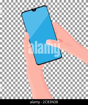 Telefono cellulare in mano. La mano tiene lo smartphone nero. Schermo a sfioramento con le dita. Illustrazione vettoriale, sfondo trasparente Illustrazione Vettoriale