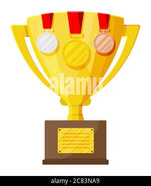 Trofeo e premi. Coppa, medaglie e nastri per i vincitori. Trofeo d'oro per le competizioni. Premio, vittoria, obiettivo, successo campione. Illustrazione vettoriale in stile piatto Illustrazione Vettoriale