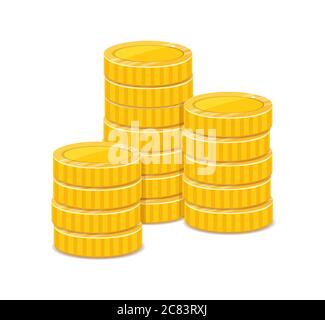Monete d'oro, tesoro, pile di denaro metallico illustrazione realistica. Simbolo delle ricchezze, valuta 3D, mucchi di contanti isolati su sfondo bianco. Casino, elemento decorativo logotipo istituto finanziario Illustrazione Vettoriale