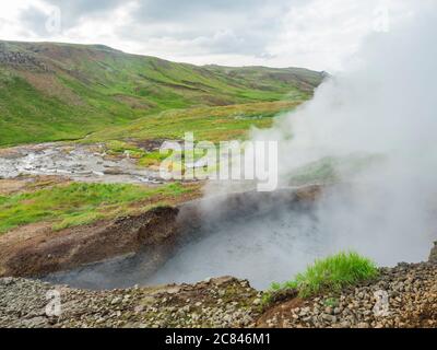 Valle di Reykjadalur con le sorgenti termali e la piscina con prato verde lussureggiante e colline con vapore geotermico. Islanda del Sud vicino alla città di Hveragerdi Foto Stock