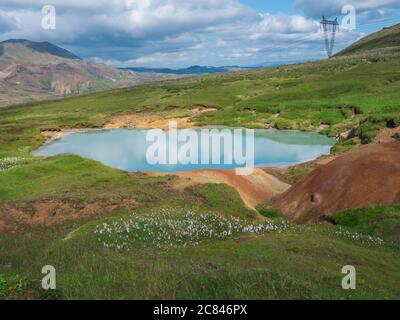 Valle di Reykjadalur con le sorgenti termali e la piscina con prato verde lussureggiante e colline con vapore geotermico. Islanda del Sud vicino alla città di Hveragerdi Foto Stock