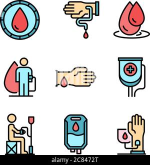Icone di trasfusione del sangue vettore piatto Illustrazione Vettoriale