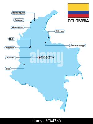 Mappa vettoriale della Colombia con bandiera e principali città Illustrazione Vettoriale