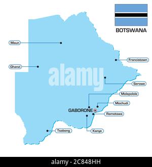 Mappa vettoriale del Botswana con bandiera e principali città Illustrazione Vettoriale