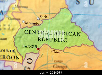 Mappa geografica del paese della Repubblica Centrafricana con città importanti Foto Stock