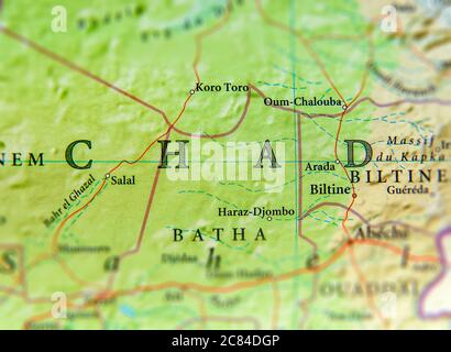 Mappa geografica del paese del Ciad con città importanti Foto Stock