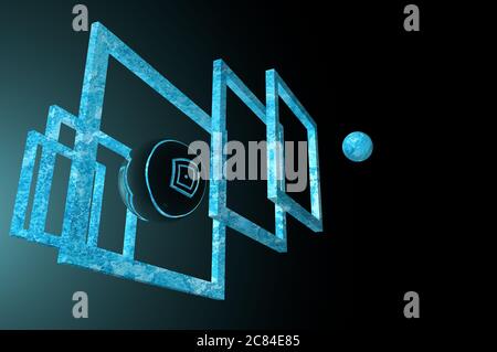 Astrazione 3D costituita da sfere scure e chiare e cornici rettangolari in spazi bui Foto Stock