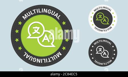 Due bolle di parole della chat, icona della traduzione della lingua, dal cinese all'inglese. Illustrazione vettoriale di timbro multilingue. Certificato vettore di traduzione linguistica Illustrazione Vettoriale