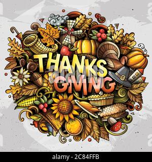 Felice Thanksgiving mano disegnata cartoon doodles illustrazione. Illustrazione Vettoriale