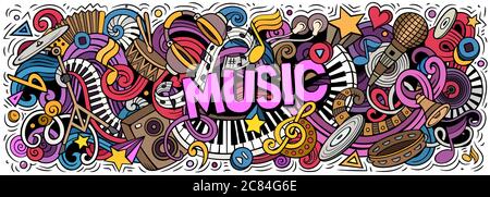 Musica disegnata a mano cartoon doodles illustrazione. Banner vettoriale colorato Illustrazione Vettoriale
