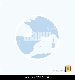 Icona della mappa di Andorra. Mappa blu d'Europa con Andorra evidenziata in rosso. Illustrazione vettoriale. Illustrazione Vettoriale