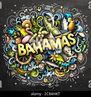 Bahamas disegnata a mano fumetto doodles illustrazione. Design divertente da viaggio. Illustrazione Vettoriale