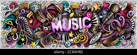 Musica disegnata a mano cartoon doodles illustrazione. Banner vettoriale colorato Illustrazione Vettoriale