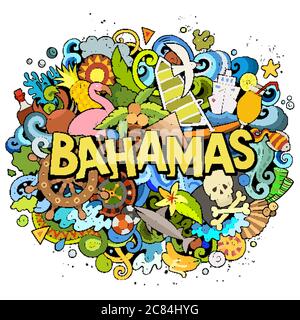 Bahamas disegnata a mano fumetto doodles illustrazione. Design divertente da viaggio. Illustrazione Vettoriale