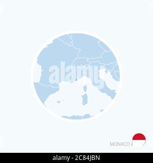 Icona della mappa di Monaco. Mappa blu d'Europa con Monaco evidenziato in rosso. Illustrazione vettoriale. Illustrazione Vettoriale