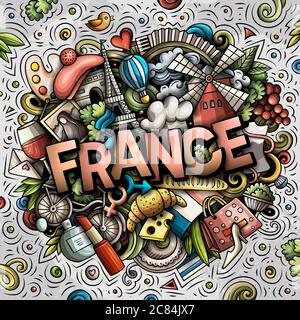 Francia disegnata a mano fumetto doodles illustrazione. Design divertente da viaggio. Illustrazione Vettoriale