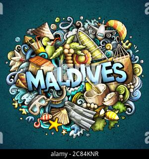 Maldive disegnata a mano fumetto doodles illustrazione. Design divertente da viaggio. Illustrazione Vettoriale