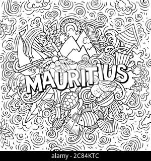 Mauritus disegnata a mano fumetto doodles illustrazione. Design divertente da viaggio. Illustrazione Vettoriale