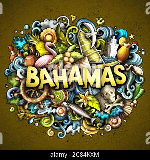 Bahamas disegnata a mano fumetto doodles illustrazione. Design divertente da viaggio. Illustrazione Vettoriale