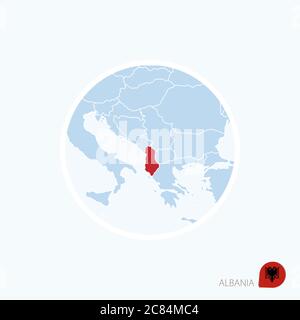 Icona mappa dell'Albania. Mappa blu dell'Europa con l'Albania evidenziata in rosso. Illustrazione vettoriale. Illustrazione Vettoriale