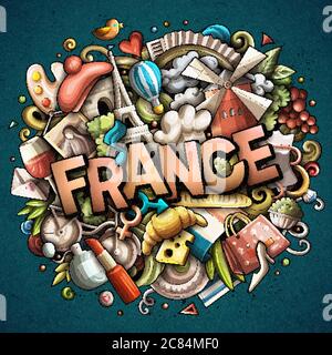 Francia disegnata a mano fumetto doodles illustrazione. Design divertente da viaggio. Illustrazione Vettoriale