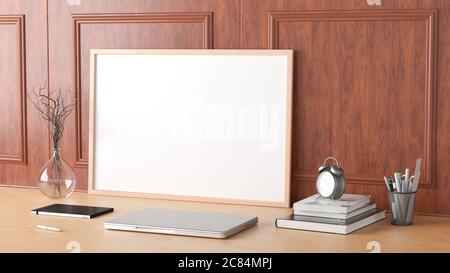 Poster orizzontale mockup cornice sul tavolo di legno di casa studio di  lavoro con muro di mattoni bianco. Vista frontale, ritaglio del percorso  intorno all'immagine del poster. 3d Foto stock - Alamy