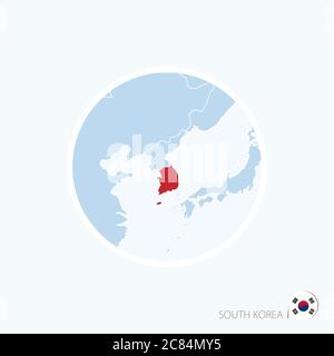 Icona della mappa della Corea del Sud. Mappa blu dell'Asia orientale con la Corea del Sud evidenziata in rosso. Illustrazione vettoriale. Illustrazione Vettoriale