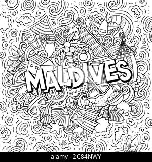 Maldive disegnata a mano fumetto doodles illustrazione. Design divertente da viaggio. Illustrazione Vettoriale