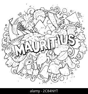 Mauritus disegnata a mano fumetto doodles illustrazione. Design divertente da viaggio. Illustrazione Vettoriale