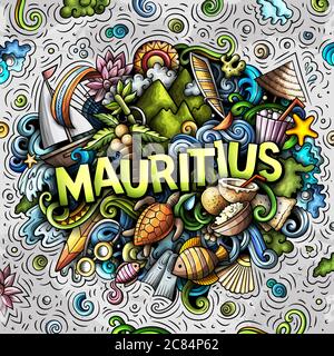 Mauritus disegnata a mano fumetto doodles illustrazione. Design divertente da viaggio. Illustrazione Vettoriale