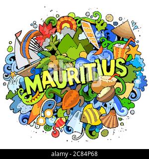 Mauritus disegnata a mano fumetto doodles illustrazione. Design divertente da viaggio. Illustrazione Vettoriale