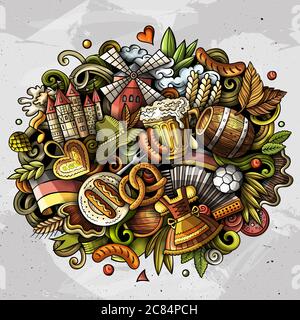 Germania disegnata a mano fumetto doodles illustrazione. Design divertente da viaggio. Illustrazione Vettoriale