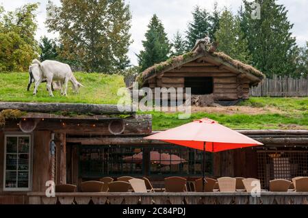 Capre su un tetto al mercato Coombs Old Country, Vancouver Island, British Columbia, Canada. Foto Stock