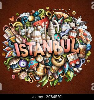 Istanbul disegnata a mano fumetto doodles illustrazione. Design divertente da viaggio. Illustrazione Vettoriale