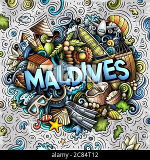 Maldive disegnata a mano fumetto doodles illustrazione. Design divertente da viaggio. Illustrazione Vettoriale