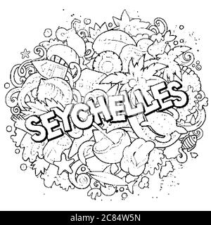 Seychelles disegnati a mano doodles cartoon illustrazione. Design divertente da viaggio. Illustrazione Vettoriale