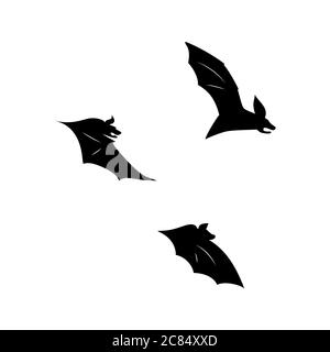 illustrazione vettoriale del pipistrello in volo. Silhouette nero flittermouse. Set di forme diverse Illustrazione Vettoriale