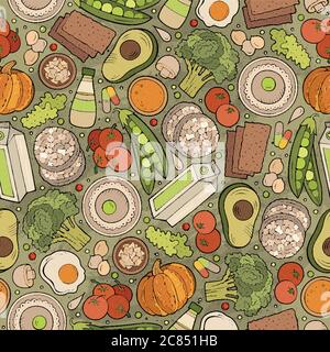 Cartone animato Dieta disegnata a mano cibo modello senza giunture Illustrazione Vettoriale