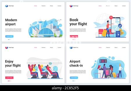 Illustrazioni vettoriali in aereo. Cartoon flat design template banner set, interfaccia sito web mobile con viaggiatori turisti persone godere di viaggi, prenotare biglietti aerei, check partenza in aeroporto Illustrazione Vettoriale