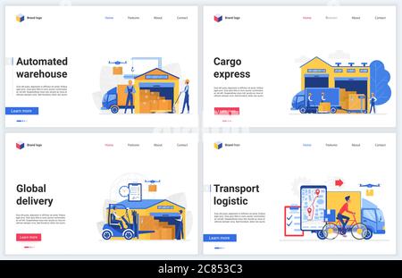 Illustrazioni vettoriali per la tecnologia di magazzino. Cartoon flat warehousing azienda sito web design interfaccia, TECH mobile banner set con consegna espressa automatizzata, imballaggio e carico, logistica di trasporto Illustrazione Vettoriale