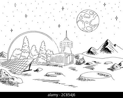 Colony Planet grafico spazio bianco nero disegno orizzontale vettore Illustrazione Vettoriale