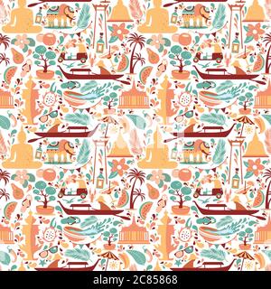 Asia Culture Set di icone bruight con motivo senza giunture - Bangkok Thailandia Illustrazione vettoriale su sfondo bianco. Illustrazione Vettoriale