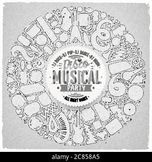 Insieme di oggetti musicali vettoriali di doodle cartoni animati raccolti in un bordo rotondo Illustrazione Vettoriale