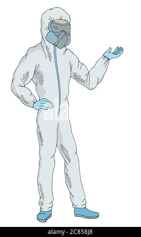 Medico in tuta medica protettiva biohazard isolato grafico colore disegno vettore illustrazione Illustrazione Vettoriale